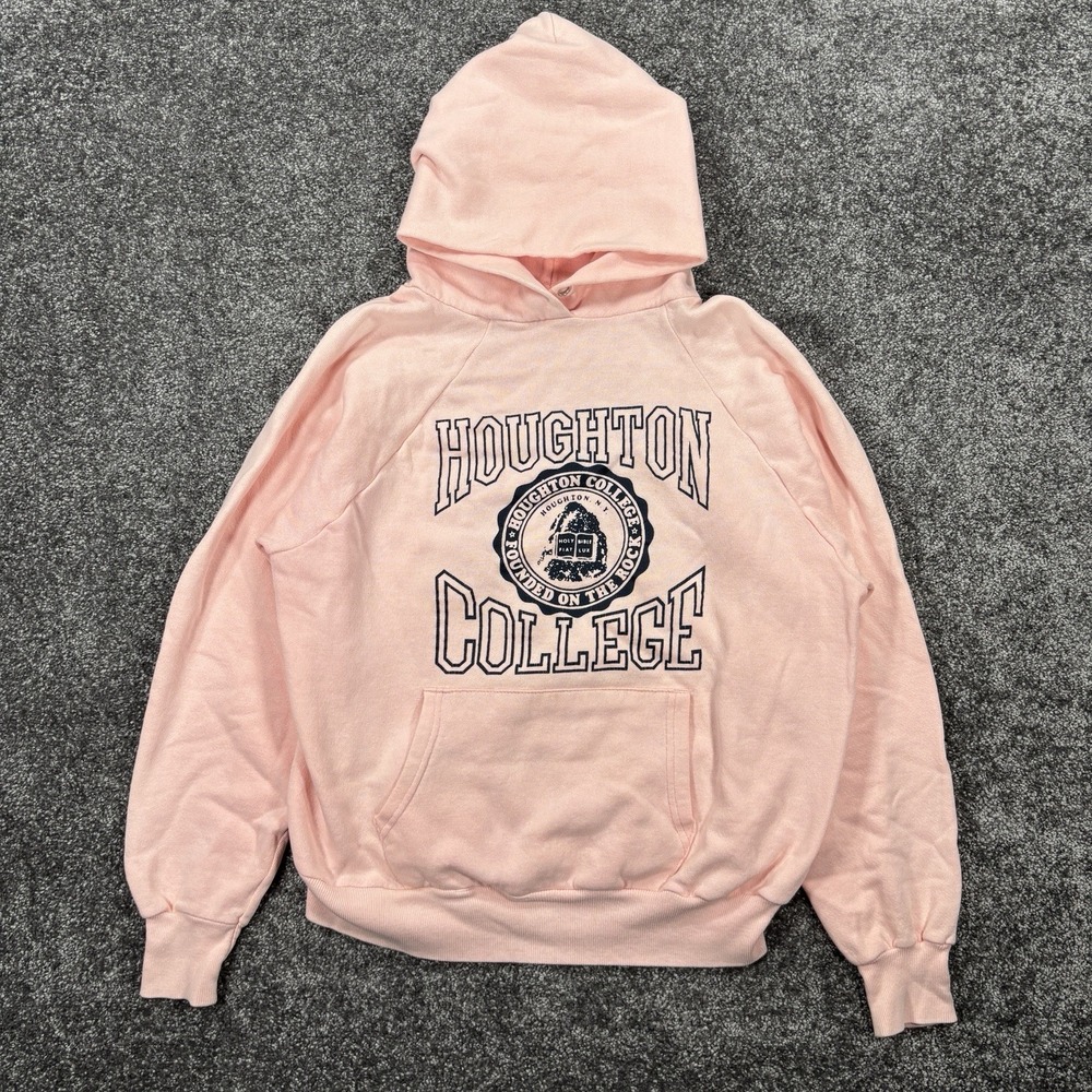 Vintage 80s Houghton College Hoodie Size Large Pink Raglan Collegiate